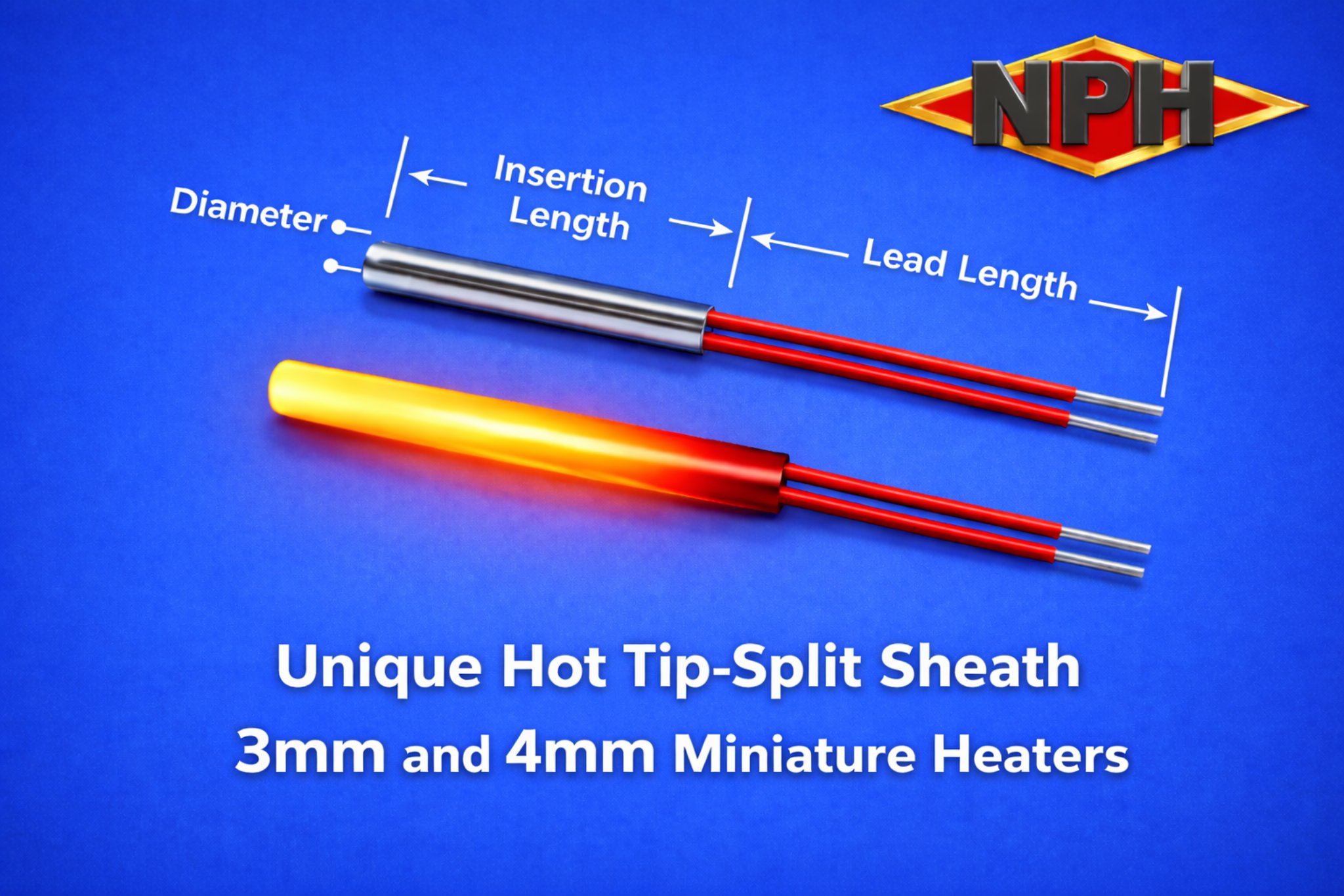 4mm OD x 0.75 in. long-Miniature-Micro Split Sheath Cartridge Heater, 12V, 24V, 120v, Max. Watts, 8 in. Red Teflon Leads